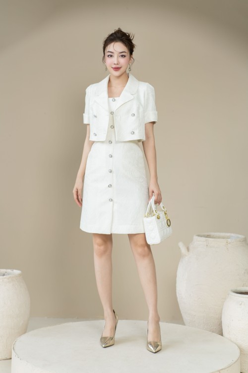 Sixdo White Strappy Mini Brocade Dress